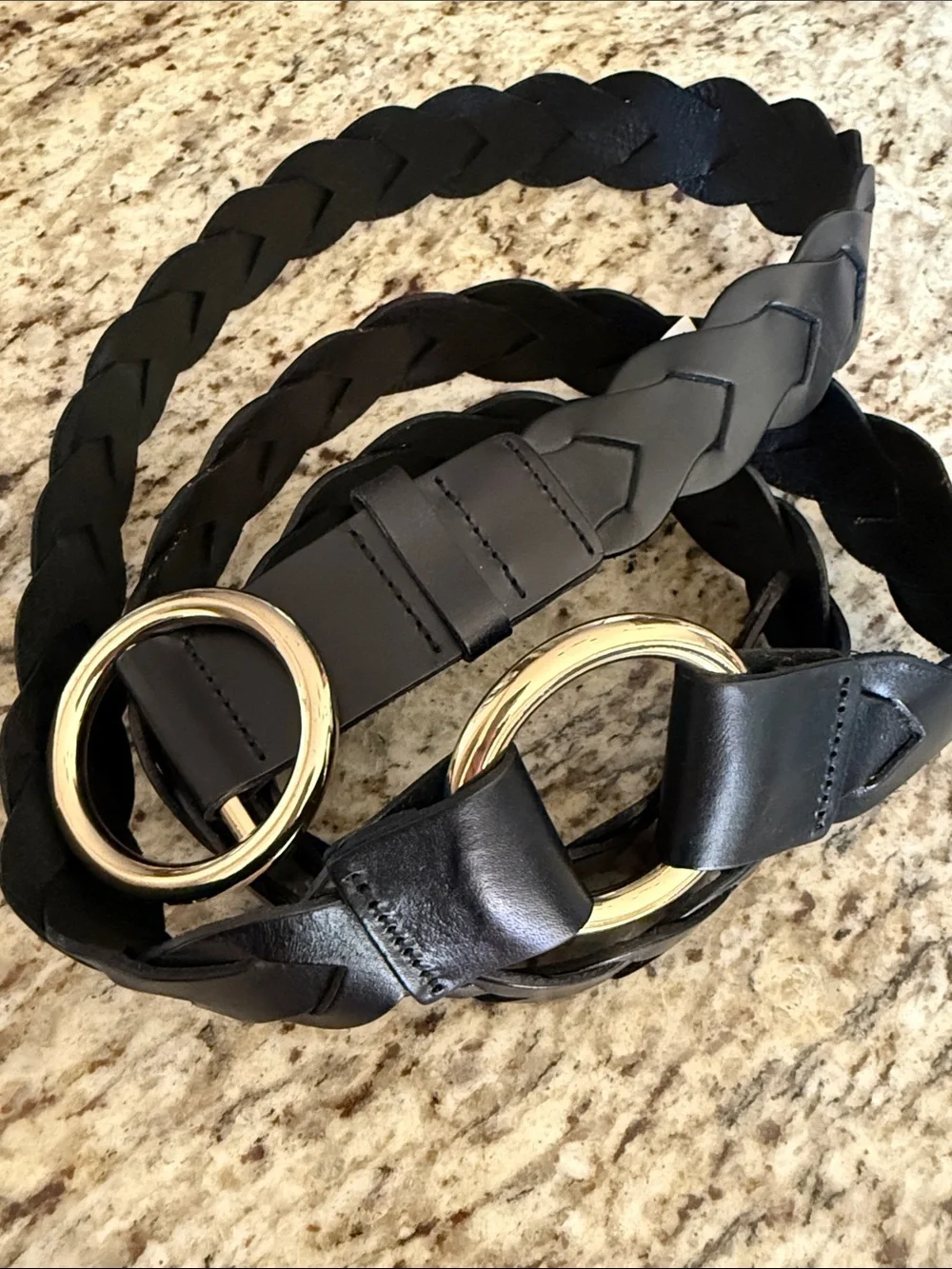 Frame The Double Wrap Leather Belt Black Braided Leather Gold Hardware O-Rings M
